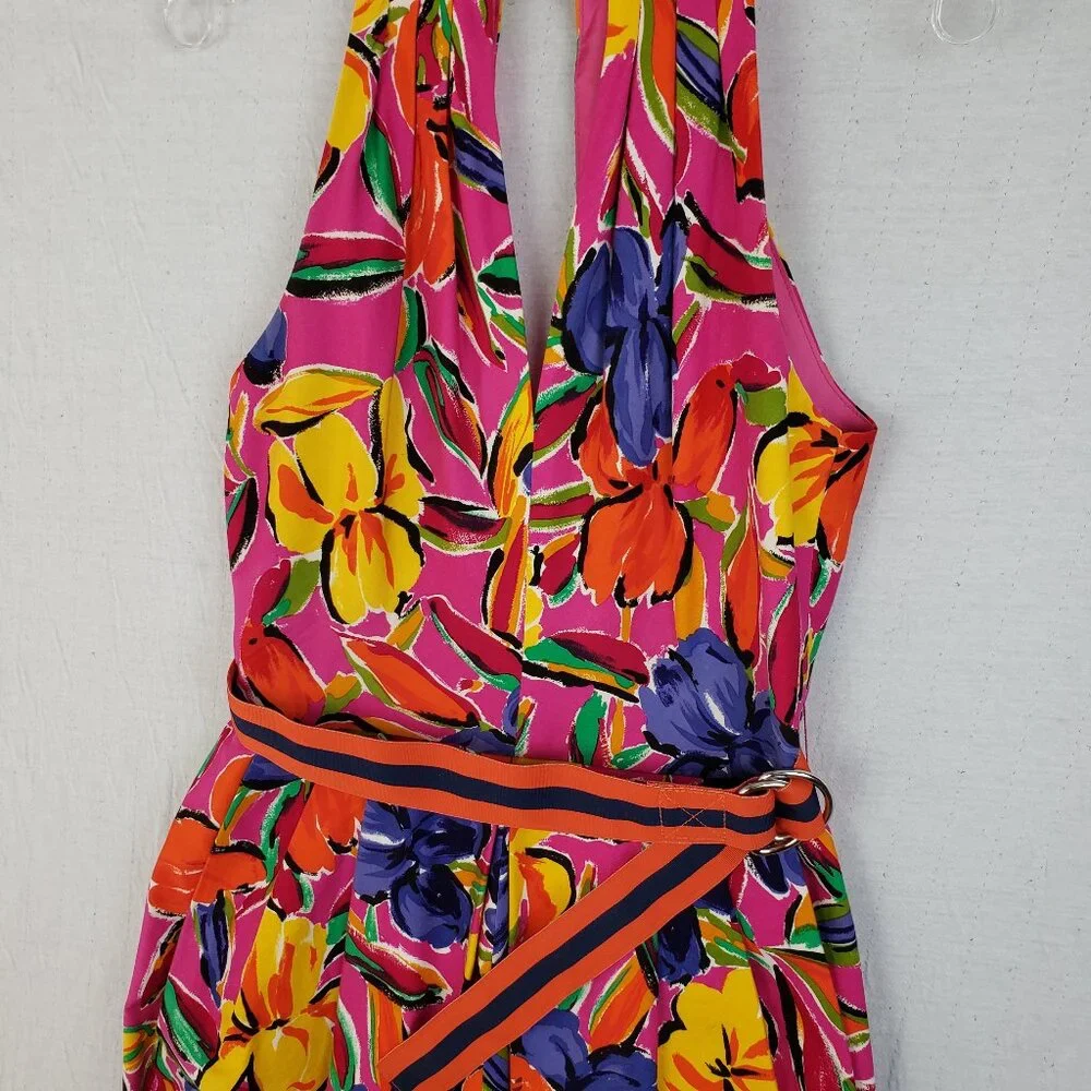 Vintage Tulip Dress Colorful Abstract Floral Print Halter Knee Length Belt sz 8 - Picture 5 of 16